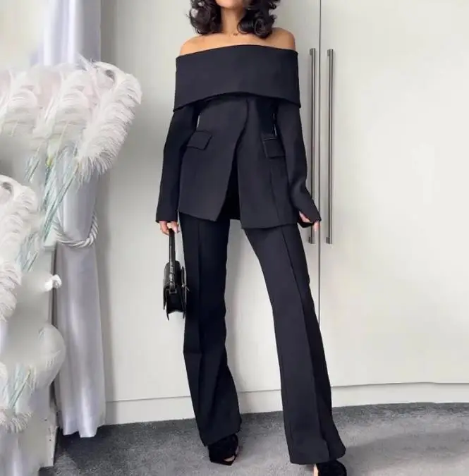 Top Trends: Two Piece Sets For Women Autumn 2023 New Fashion Street One Shoulder Irregular Blazer Suit And Commuting Straight Long Pants Set Shoppable Styles