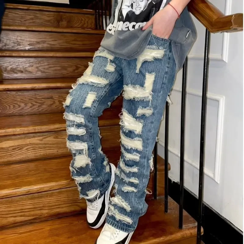 Top Trends: American Style Broken Hole Old Jeans Loose Hundred New Pants Men's Streetwear Baggy Jeans Y2k Jeans Ripped Jeans Men Pants Shoppable Styles