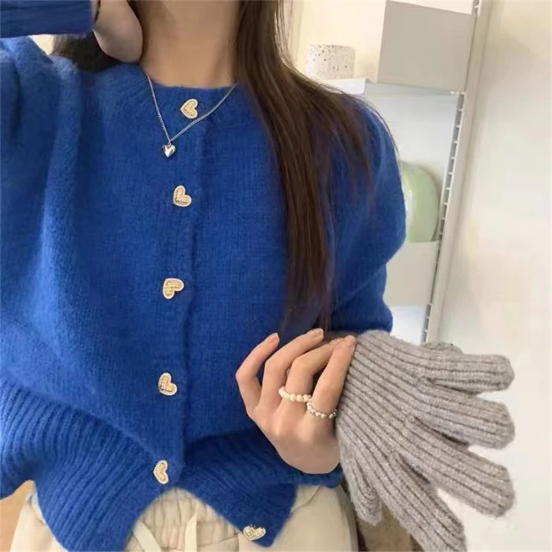 Top Trends: Korean Knitted Cardigans Thick Heart Buttons Autumn Sweaters Women Loose Casual Round Neck Short Tops Soft Sweet Winter O108 Shoppable Styles