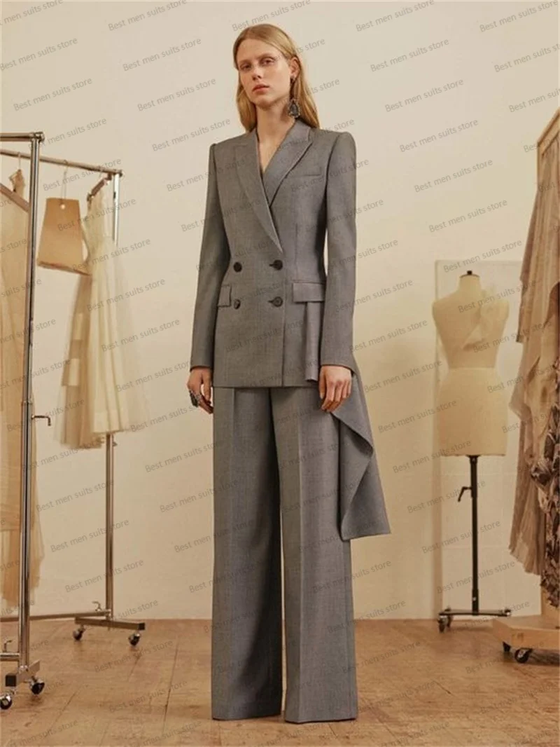 Top Trends: Grey Women Suit Set With Irregular Hem 2 Piece Blazer+ Loose Pants Party Prom Dress Formal Office Lady Custom Made Fashion Coat Shoppable Styles