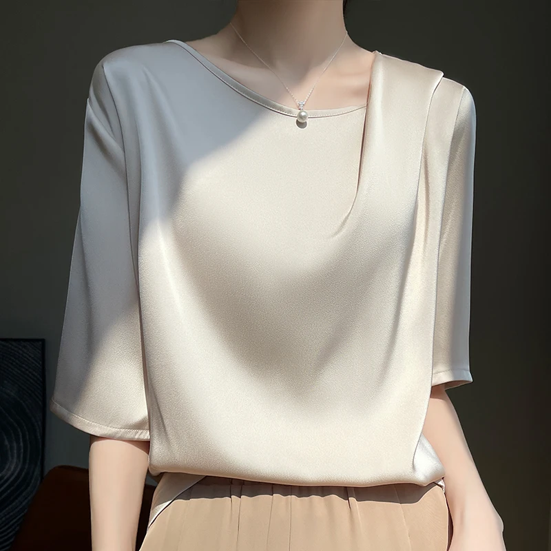 Top Trends: 2023 Summer New Silk T-shirt Round Neck Smooth Pleated Satin Fashionable And Unique Design Feel Loose Half Sleeve Women's Top Shoppable Styles