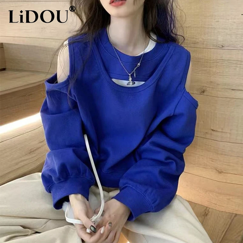 Top Trends: Spring Autumn Casual Fashion Hollow Out Sweatshirt Ladies Loose All-match Off The Shoulder Top Women Korean Style Solid Pullover Shoppable Styles