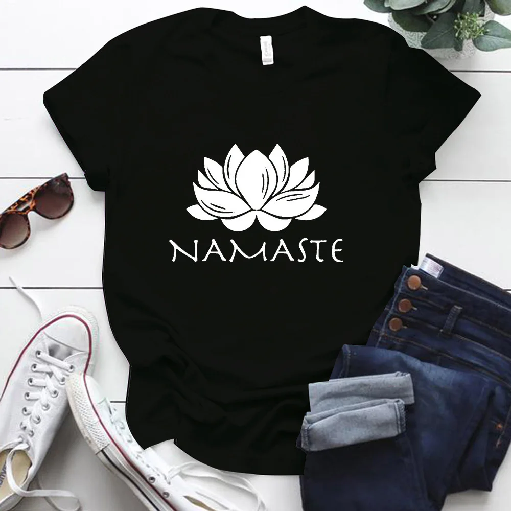 Top Trends: Namaste Letter Print Women T Shirt Short Sleeve O Neck Loose Women Tshirt Ladies Fashion Tee Shirt Tops Camisetas Mujer Shoppable Styles