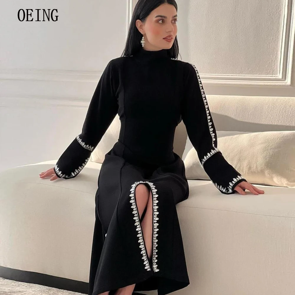 Top Trends: OEING 2023 Black O-neck Modern Lady Formal Party Dress Crystal Long Sleeves Side Slit Evening Prom Gowns Tea Length Custom Made Shoppable Styles