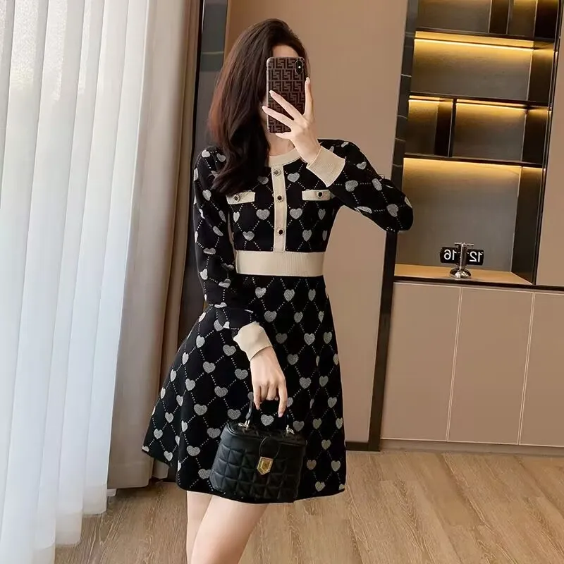 Top Trends: 2023 Fashion Women Knitted Dress Autumn Winter New Long-sleeved O-Neck Knee-High A-Line Temperament Office Lady Sweater Dress Shoppable Styles - Image 6