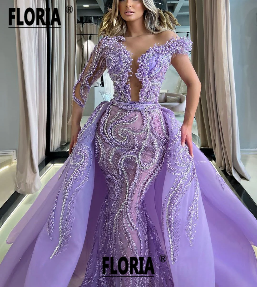 Top Trends: Vestidos De Festa Dubai Pearls Beaded Evening Wedding Dress With Overskirt Purple Mermaid Formal Party Gown Arabic Woman Robes Shoppable Styles