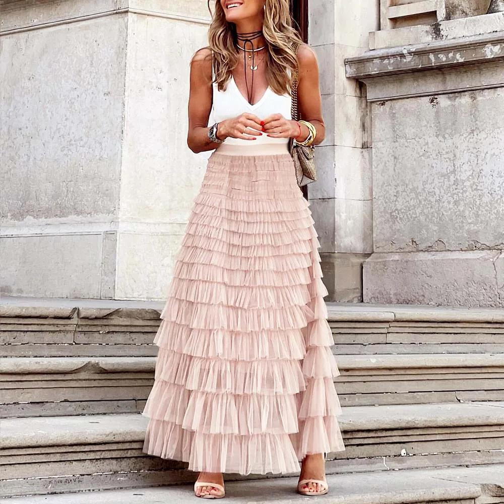 Top Trends: Casual Womens Solid Ball Gown Long Skirt Tulle High Waist Pleated Tutu Skirt Elegant Ladies Wild Mesh Dating Maxi Skirts Drop Shoppable Styles - Image 4