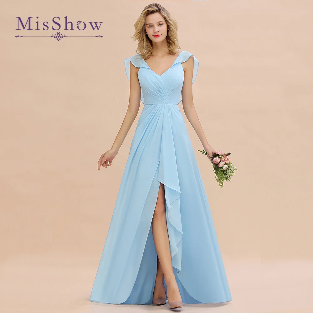 Top Trends: MisShow New Sky Blue Long Bridesmaid Dresses 2022 V Neck Ruched A Line Chiffon Prom Party Gowns Vestidos Elegantes Para Mujer Shoppable Styles