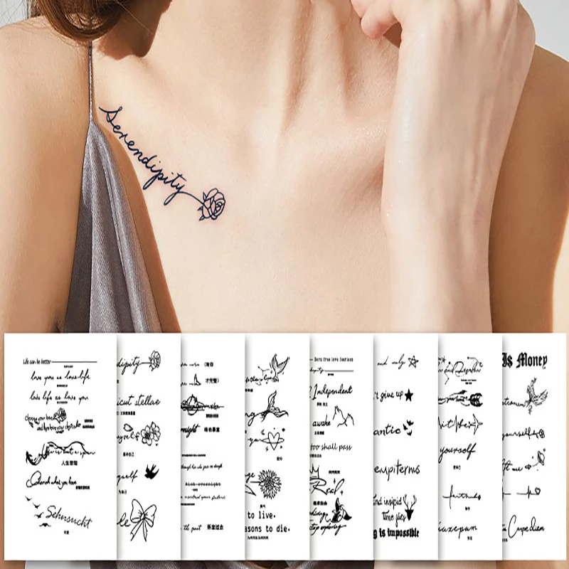 Top Trends: Herbal Juice Tattoo 8pcs / set Sexy English Letter Clavicle Arm Waterproof Long Lasting 15 Days Fake Tattoo Shoppable Styles