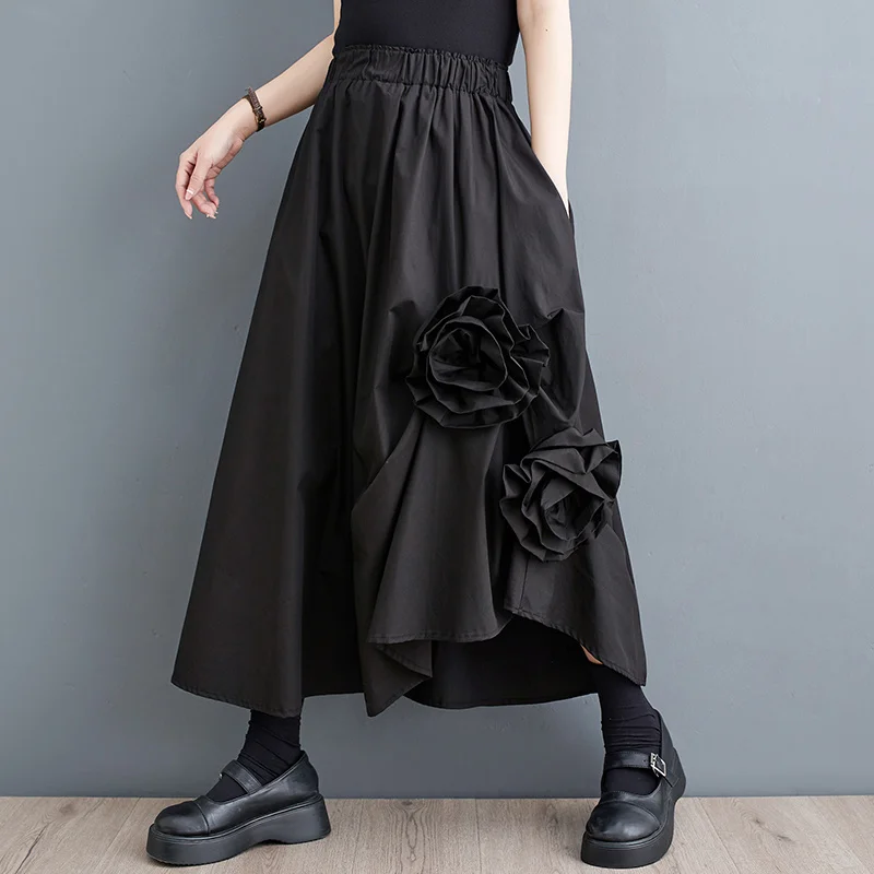 Top Trends: #3012 Spring Summer Black Vintage Midi Skirt Women Irregular A-line Skirts Spliced Floral Elastic High Waist Skirts Gothic Loose Shoppable Styles