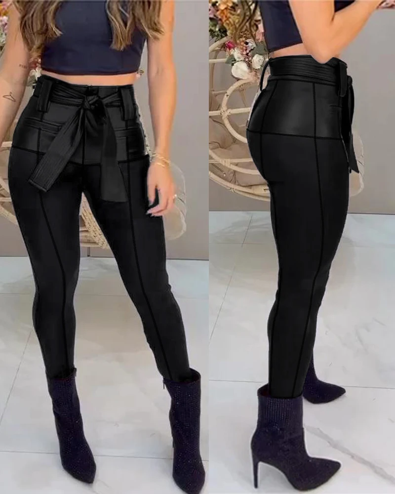 Top Trends: Women&#039;s Pants Patchwork High Waisted Pants 2023 Fashion Street Style Personalized Pants Pu Leather Patch Skinny Pants With Belt Shoppable Styles