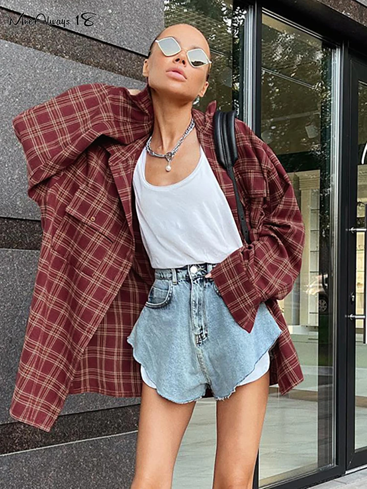 Top Trends: Mnealways18 Street Style Red Plaid Shirts Women Irregular Long Sleeves Oversized Blouses Autumn 2024 Loose Gingham Tops Trendy Shoppable Styles