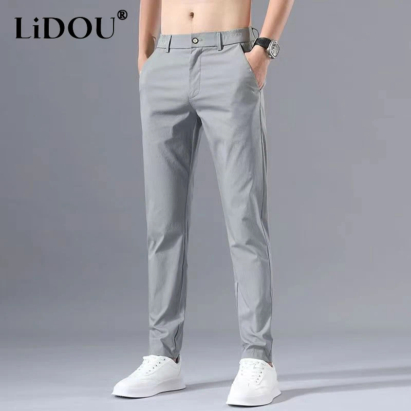 Top Trends: Summer Fashion Casual Ice Silk Fabric Straight Trousers Man Thin Style Solid Color Button Zipper Pockets Solid Color Suit Pant Shoppable Styles