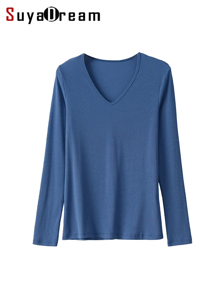 Top Trends: SuyaDream Women Knitted T Shirt Silk Viscose Blend Long Sleeves Solid Basic Cozy Tee 2022 Spring Summer Ribs Top Pink Blue Shoppable Styles