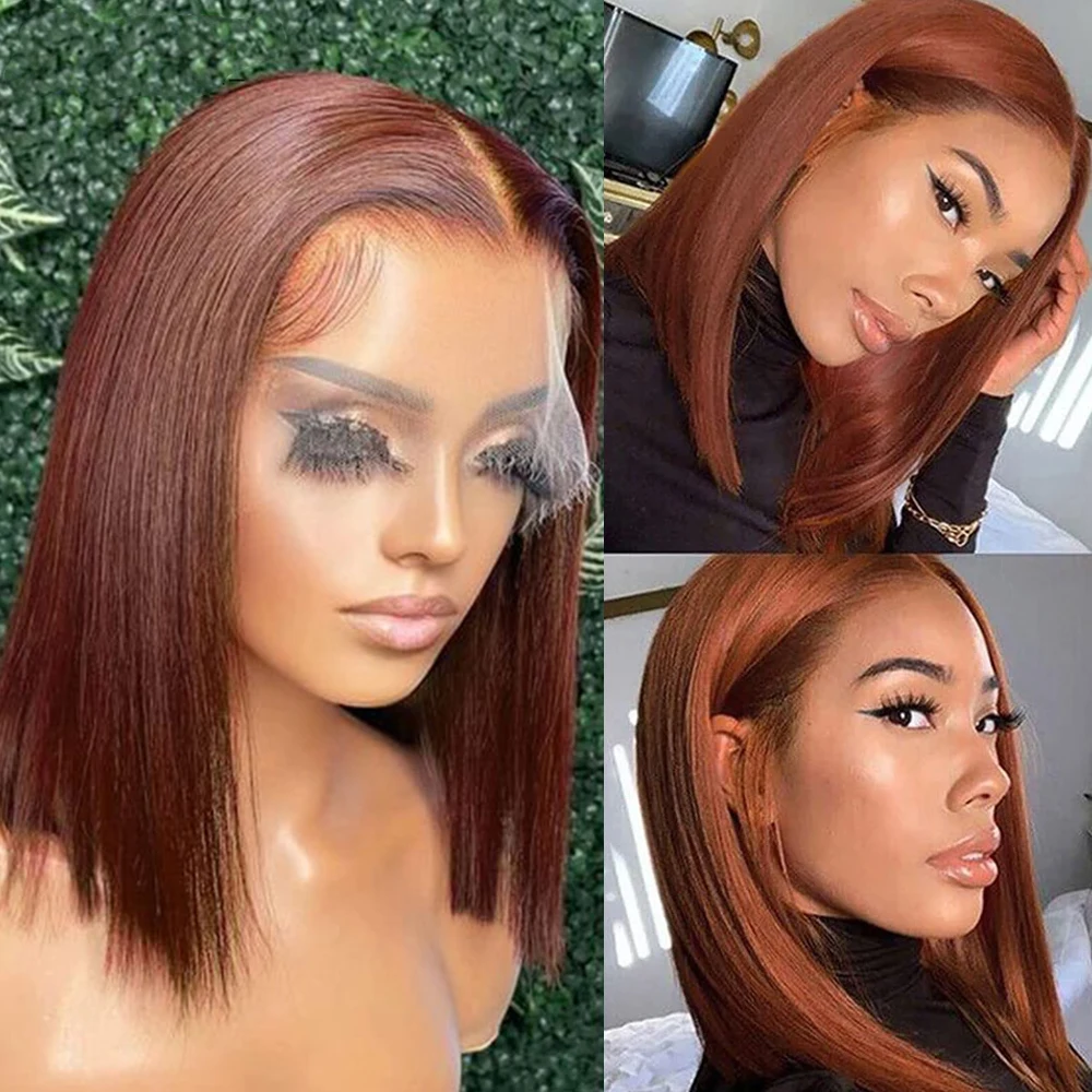 Top Trends: Short Brown Color Bob Wig Peruvian Straight Lace Front Human Hair Wigs For Women Reddish Brown #33 Lace Part Wig With Baby Hair Shoppable Styles