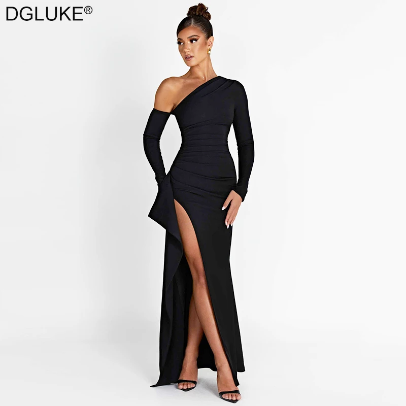 Top Trends: One Shoulder Long Sleeve Black Dress Long Party Evening Dresses For Women Elegant Gown Backless Ruffle Maxi Dress Autumn Winter Shoppable Styles