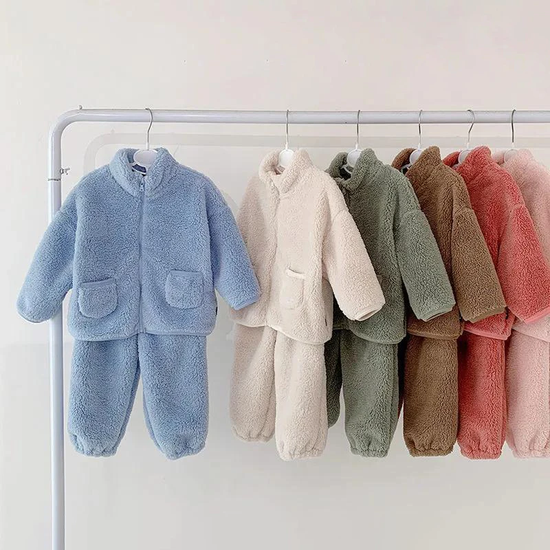 Top Trends: Fleece Kids Coat Pants 2pcs Fall Winter Baby Clothes Set Kids Loungewear Suit Home Korean Children Top And Bottom Set Shoppable Styles