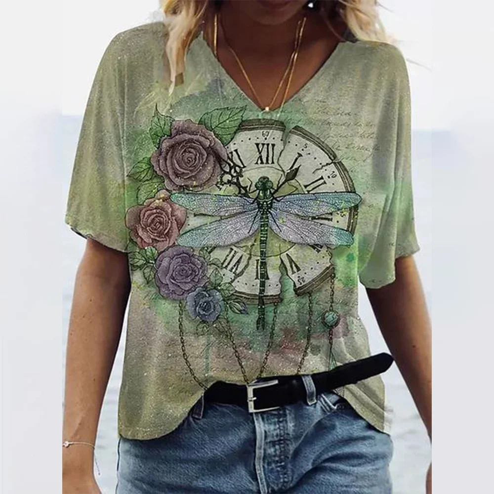 Top Trends: Women's T-shirts Summer Gradient Graphics Tops V Neck Fashion Female Vintage Clothing Floral Print Tees Loose Oversized T Shirts Shoppable Styles