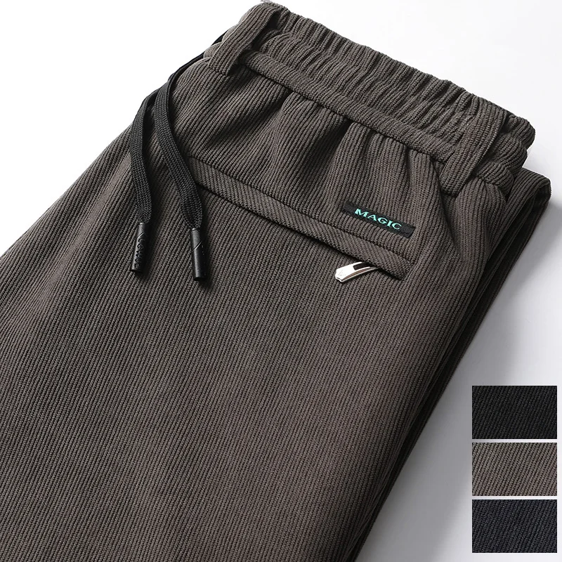 Top Trends: Men Corduroy Pants Office Straight Trousers Autumn Winter Brown Black Elastic Waist Thick Warm Loose Smart Casual Pants Oversize Shoppable Styles