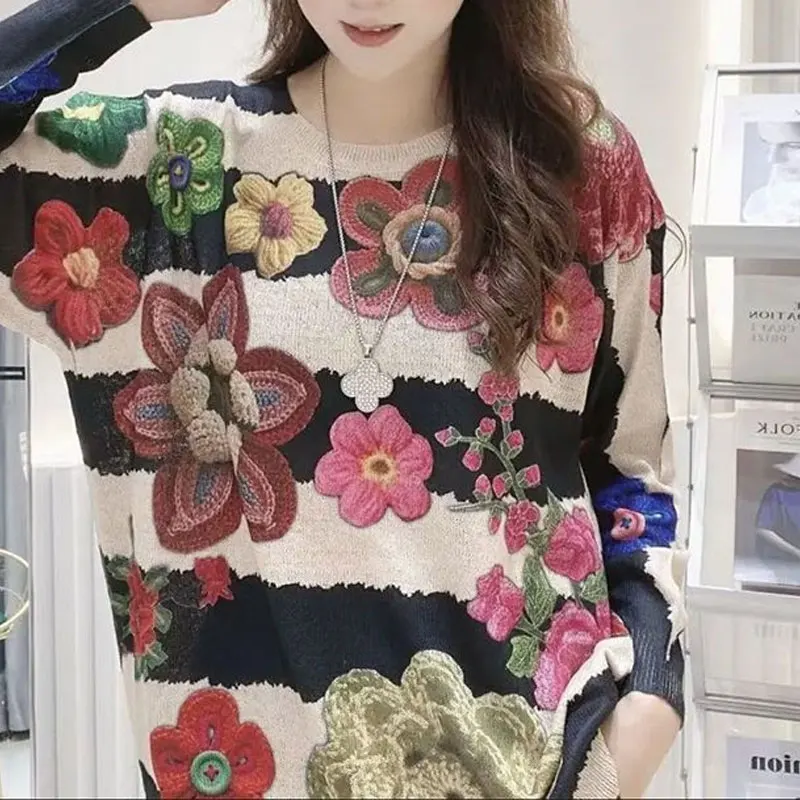 Top Trends: Korean Loose Floral Printed Round Neck Knitted T-shirt 2022 Women&#039;s Clothing All-match Fashion Chic Patchwork Long Sleeve Tops Shoppable Styles