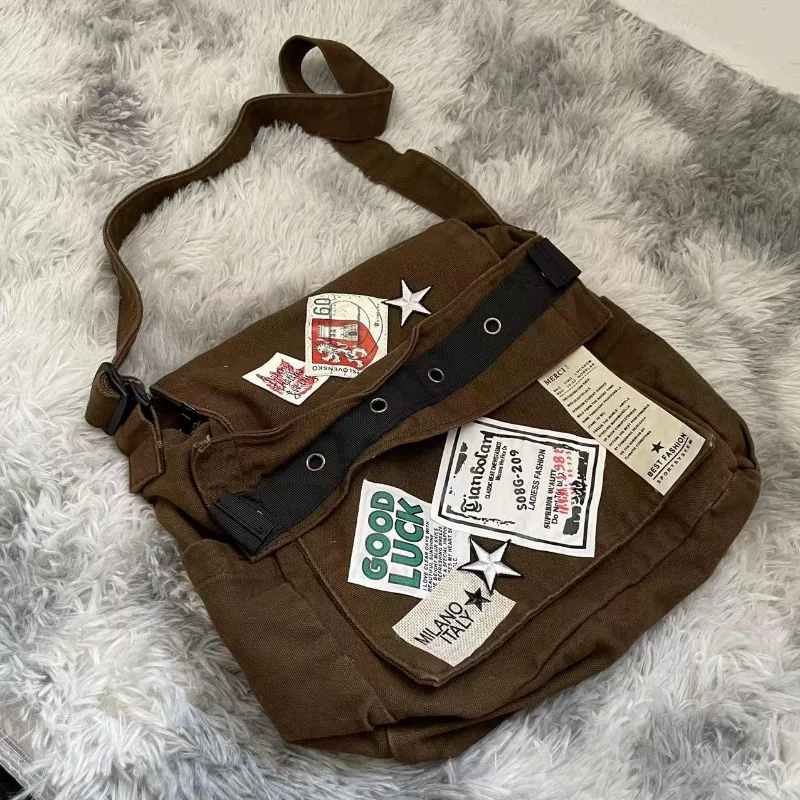 Top Trends: MBTI Vintage Y2k Messenger Bag For Women Canvas Star Patch Students School Crossbody Bags American Fashion Retro Female Handbags Shoppable Styles