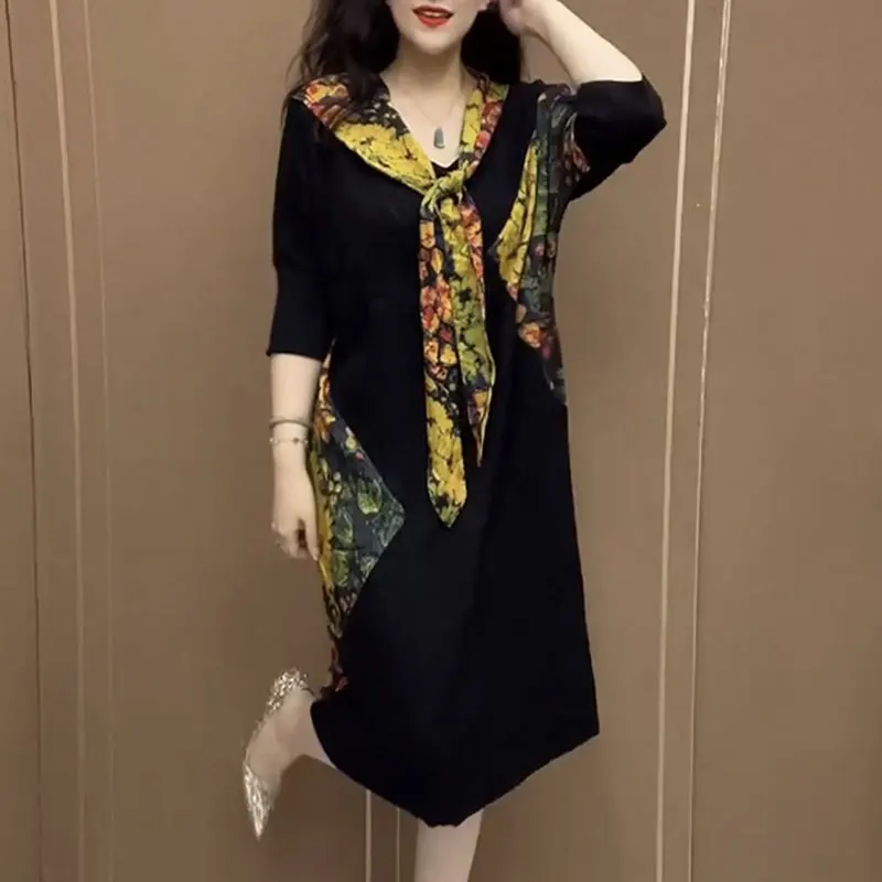 Top Trends: Casual Floral Patchwork Dresses Spring Summer 3 / 4 Sleeve Women&#039;s Clothing Scarf Collar Drawstring Loose A-Line Waist Midi Dress Shoppable Styles