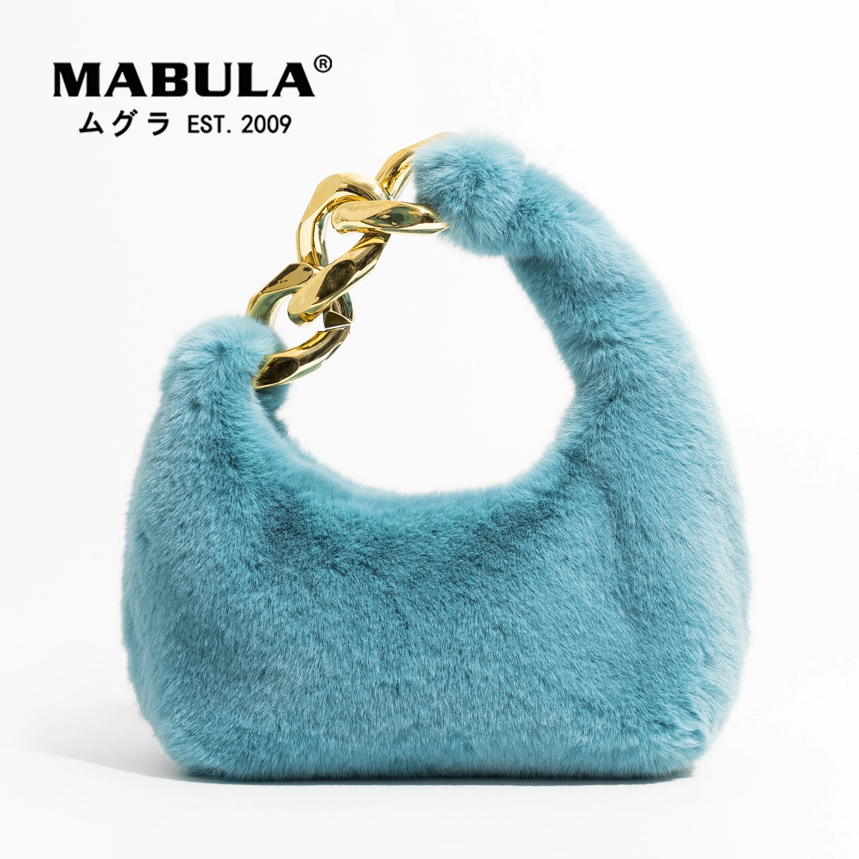 Top Trends: MABULA Blue Faux Fur Top Handle Purse With Big Metal Chain Half Moon Design Women Clutch Evening Bag Winter Small Phone Handbag Shoppable Styles