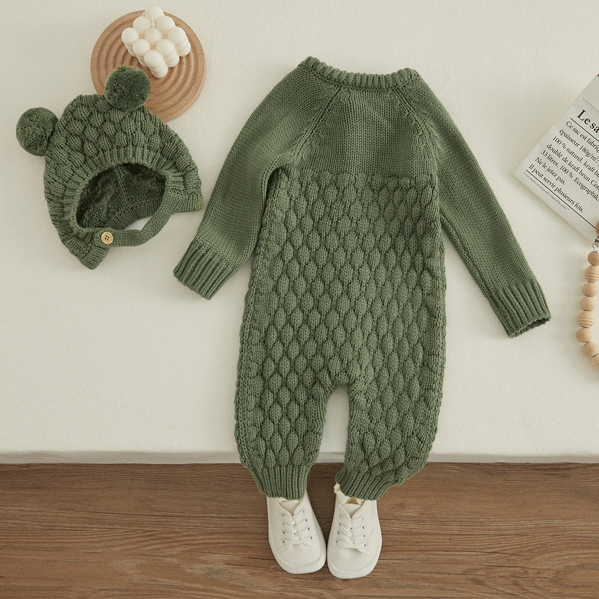 Top Trends: VISgogo Baby 2PCS Winter Jumpsuit Outfits Infant Boys Girls Clothes Long Sleeve Solid Color Knitted Romper + Bear Hat Set Shoppable Styles - Image 2