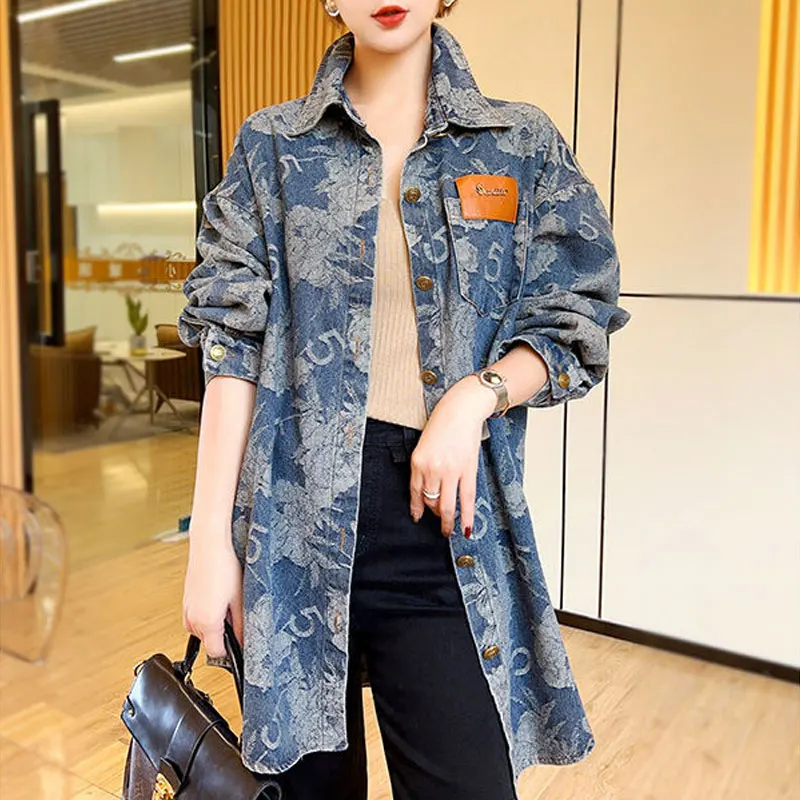 Top Trends: Fashion Vintage Loose Denim Shirt Female Clothing Casual Turn-down Collar Spring Autumn Commute Printed Single-breasted Blouse Shoppable Styles