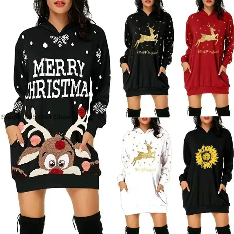 Top Trends: New Women Casual Elegant Christmas Elk Printed Long-sleeved Pullover Autumn Loose Pocket Sweatshirt Fashion Casual Hoodie Dress Shoppable Styles