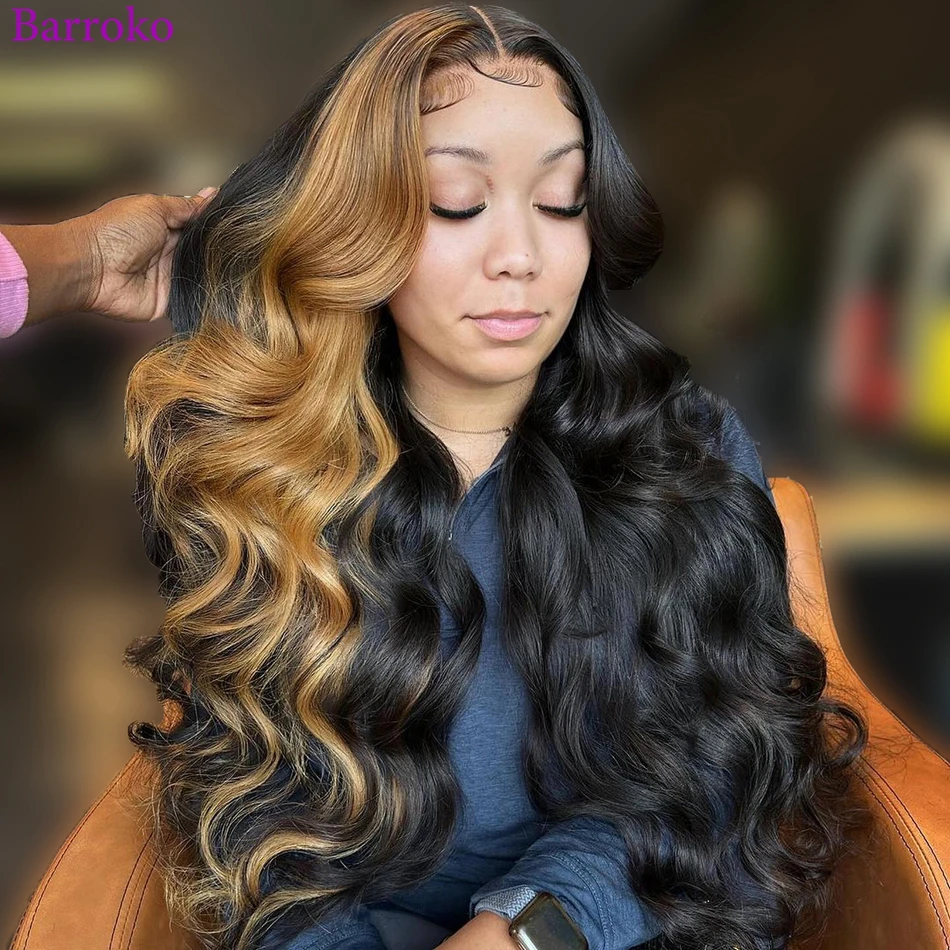 Top Trends: Barroko 13X6 Transparent Lace Frontal Body Wave Hilight 1B 27 Colored Wig 180% Density Pre Plucked Remy Human Hair Wig For Women Shoppable Styles