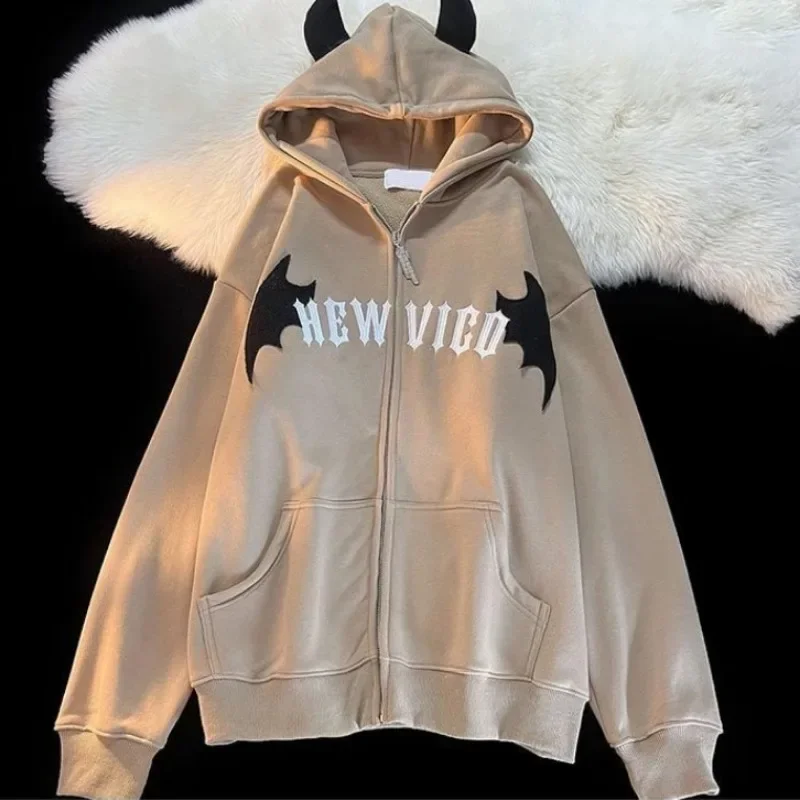 Top Trends: Devil's Horns Hooded Women Y2k Clothes New Baggy Padded Zip Up Men Hoodies Harajuku Couple Flocking Wings Hooded Coat Shoppable Styles - Image 3