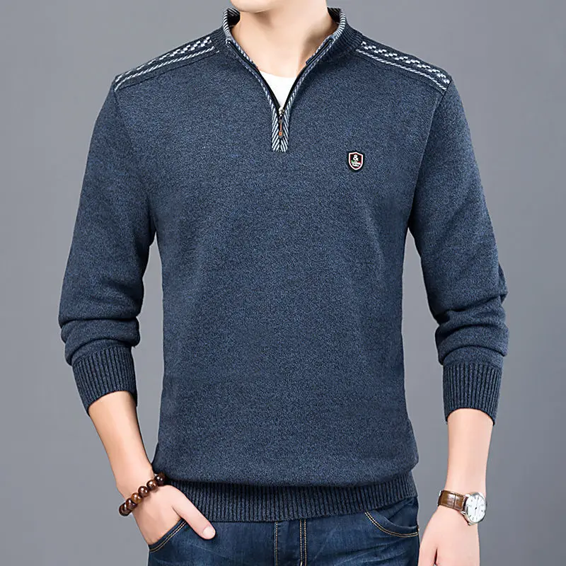 Top Trends: Korean Casual Autumn Winter New Sweater Men's Half High Zip Collar Solid Emblem Knit Jacquard Thickened Trendy Long Sleeved Top Shoppable Styles