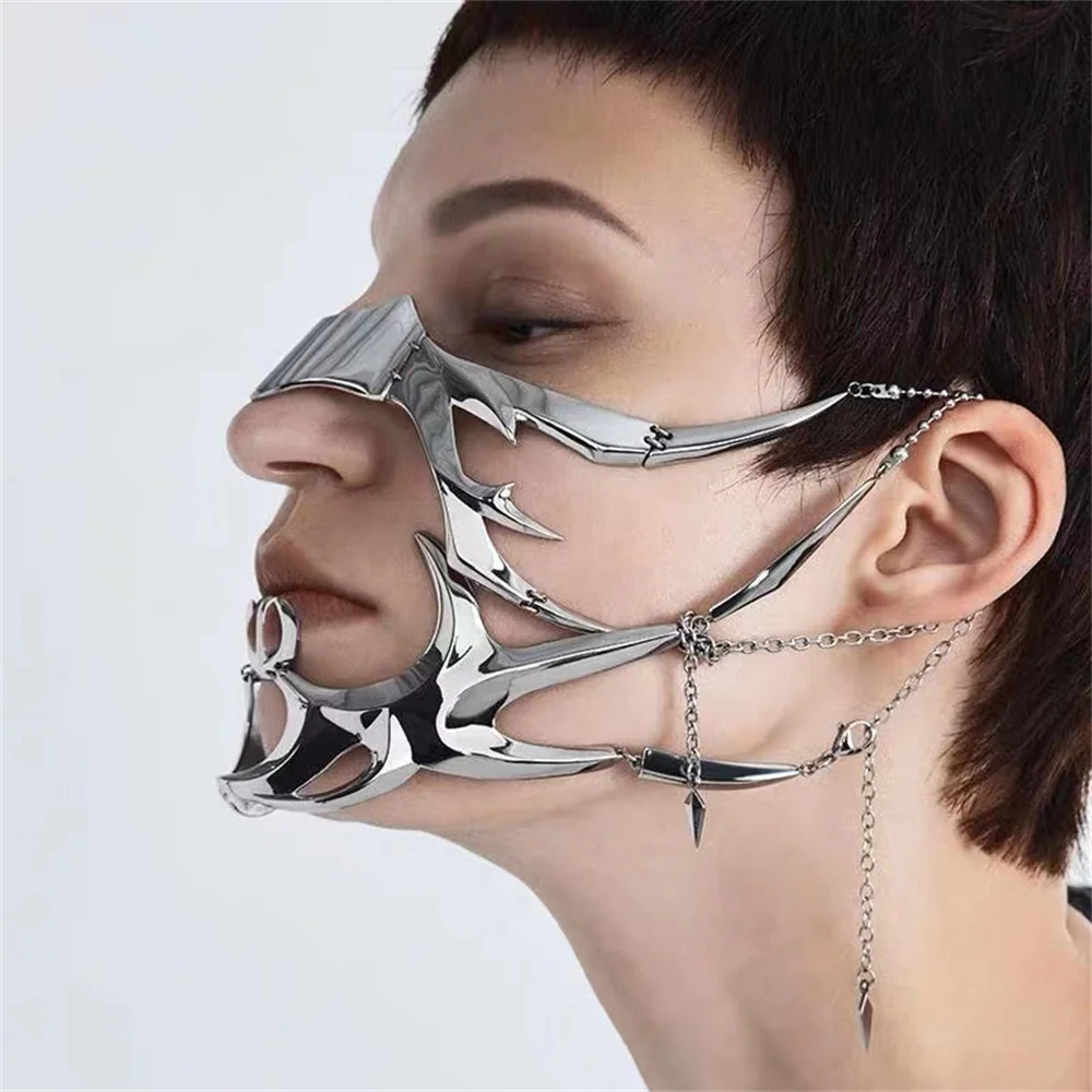 Top Trends: CyberPunk Irregular Titanium Steel Mask Gothic Punk Metal Mechanical Alien Fluid Face Ornament Earrings Party Jewelry Accessorie Shoppable Styles