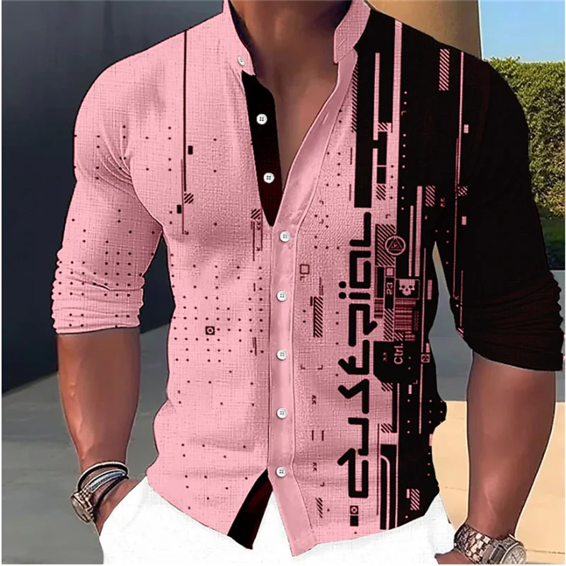 Top Trends: Fashion New Men&#039;s Shirt Pattern Printing Geometric Stand Collar Pink Outdoor Street Long Sleeve Clothing Streetwear Designer 6XL Shoppable Styles