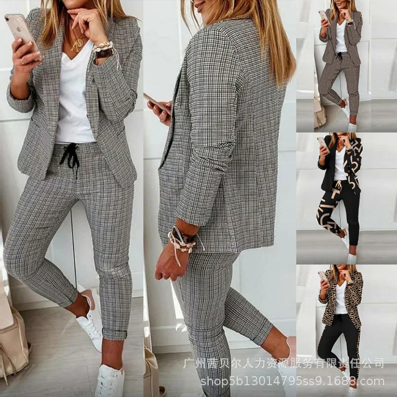 Top Trends: Women Business Suit Women Long Sleeve Cardigan Turn-down Collar Coat Lace-up Mid Waist Pencil Pants Suit Women Plaid Print Suit Shoppable Styles