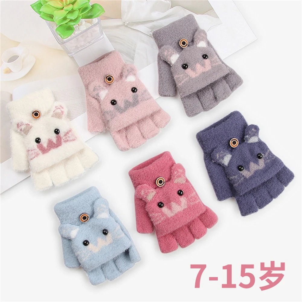 Top Trends: 7-15-year-old Children Cute Cartoon Jacquard Knit Warm Cover Half-finger Winter Gloves Do Homework ST-6035 Shoppable Styles