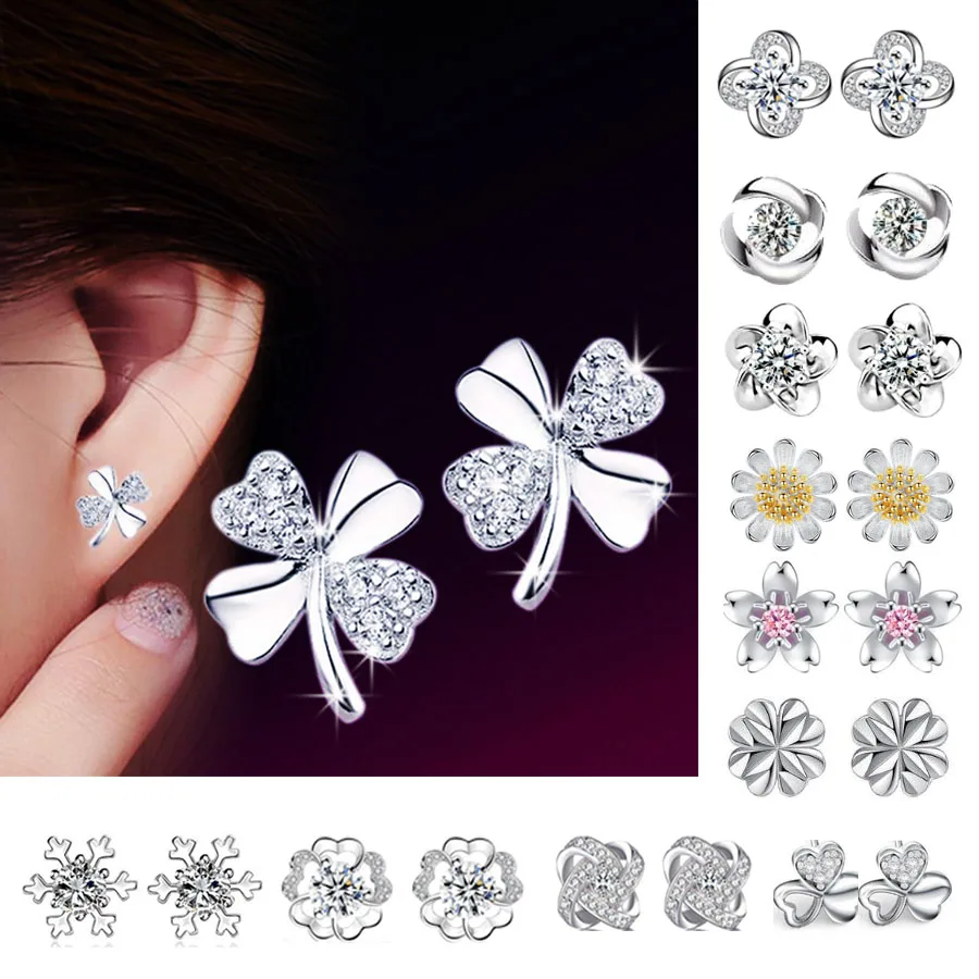 Top Trends: Stud Earrings Exquisite Four-leaf Clover Zircon Stud Earrings For Women Silver Color Earring Earings Jewelry Earing Brincos Gift Shoppable Styles