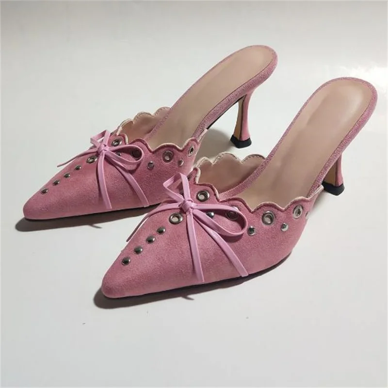 Top Trends: Butterfly-knot Ladies Shoes Designer High Heels Pointed Toes Mules Studs Sandals Femme Bow-tied Sandalias Hollow Zapatos Mujer Shoppable Styles