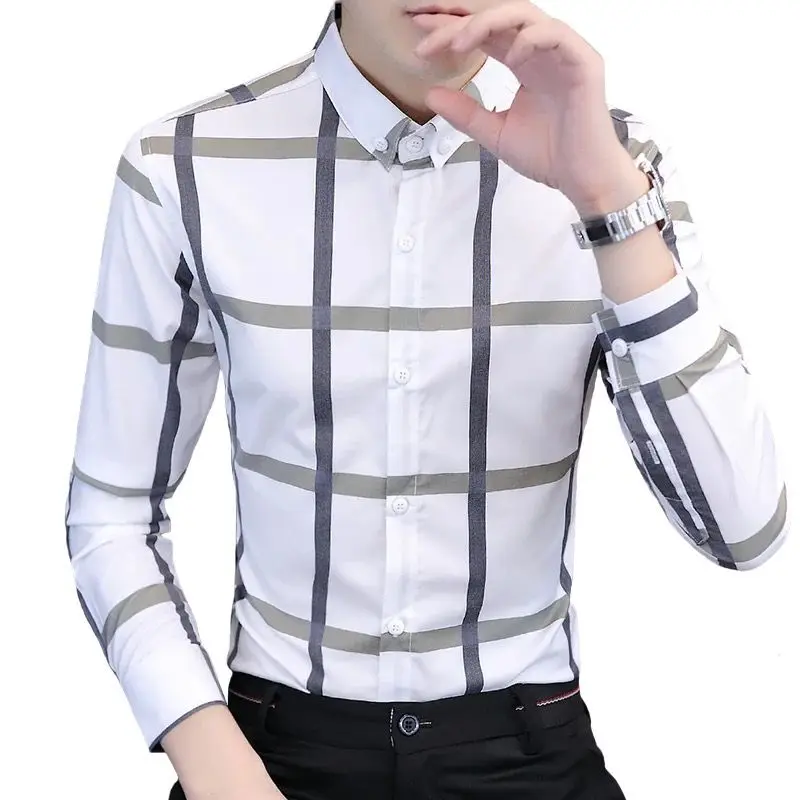 Top Trends: Korean Trendy Printed Striped Shirt Men Autumn Winter New Lapel Buttons Fashion Casual Versatile Business Slim Long Sleeved Top Shoppable Styles - Image 6