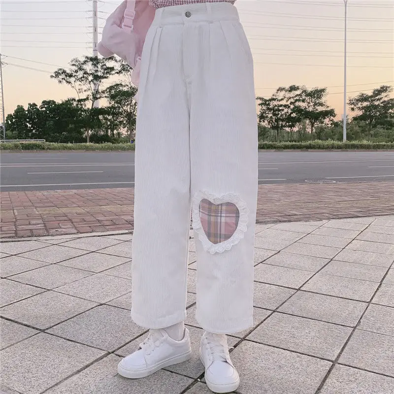 Top Trends: Sweet Corduroy Pants Women Japanese Straight Leg Casual Pants Harajuku Cute Oversized Wide-leg Cropped Trousers S-2XL Shoppable Styles