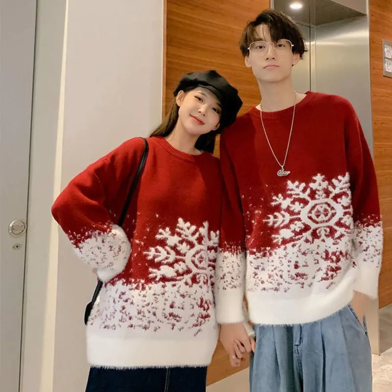 Top Trends: 2023 New Round Neck Red Couple Christmas Sweater Soft Thick Snowflake Pattern Ins Vintage Loose Pullovers Men's Winter Sweater Shoppable Styles - Image 3