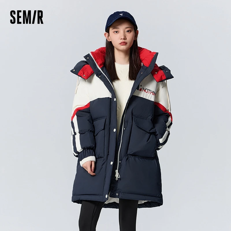 Top Trends: Semir Down Jacket Women Long Color Block Letters Winter Fashion Hooded Loose Warm Thick Coat Shoppable Styles