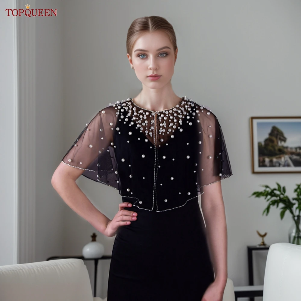 Top Trends: TOPQUEEN G31 Wedding Wraps Bridal Jackets For Wedding Dress Black Pearls Beaded Piping Round Neck Bridal Shawl Ladies Bolero Shoppable Styles