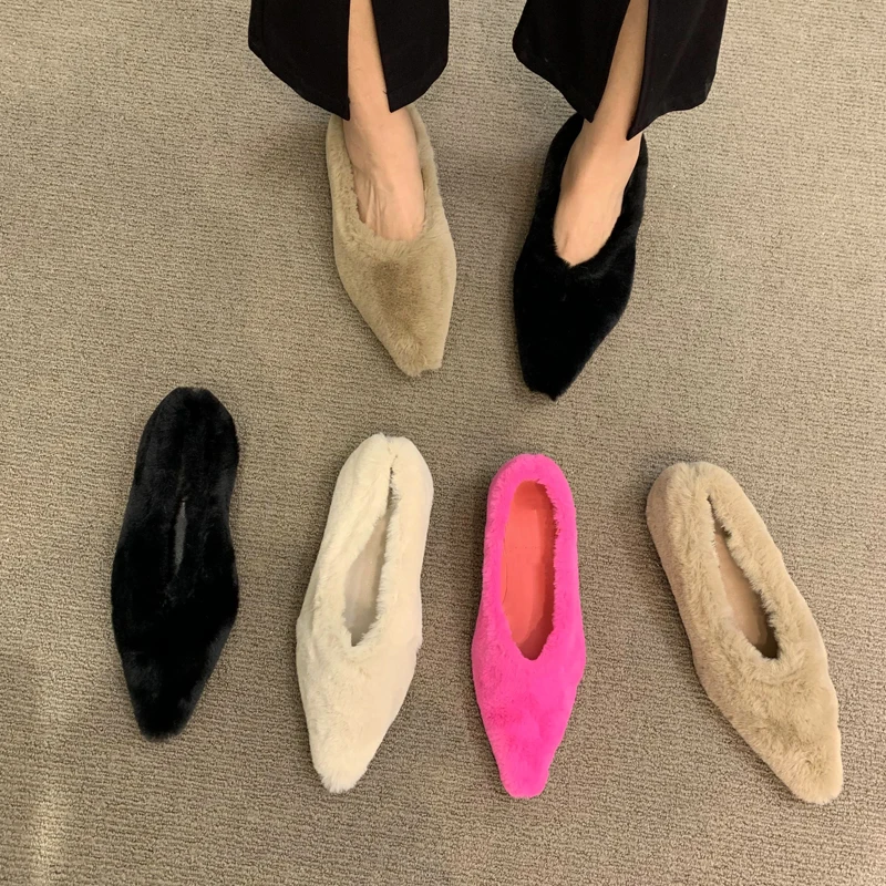 Top Trends: Fashion Pointed Toe Fur Ballet Flats Woman Winter Warm Plush Shallow Loafers Ladies Concise Furry Heeled Dress Shoes Shoppable Styles