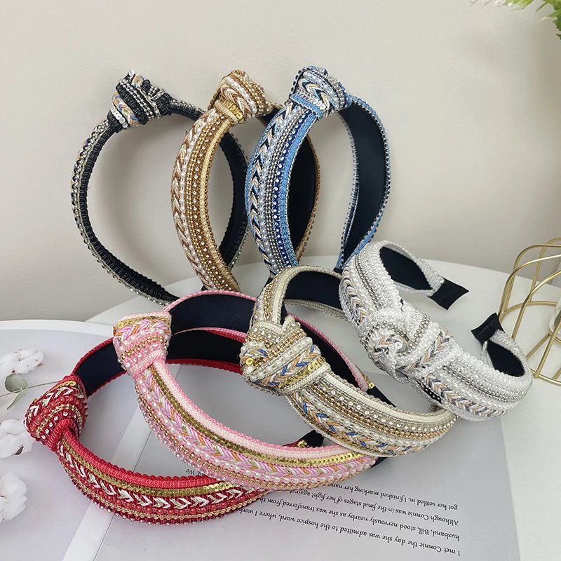 Top Trends: Boho Rhinestone Faux Pearl Knitted Headband Shiny Sequin Head Hoop Elegant Hair Accessories For Women Girls Wide Band Shoppable Styles