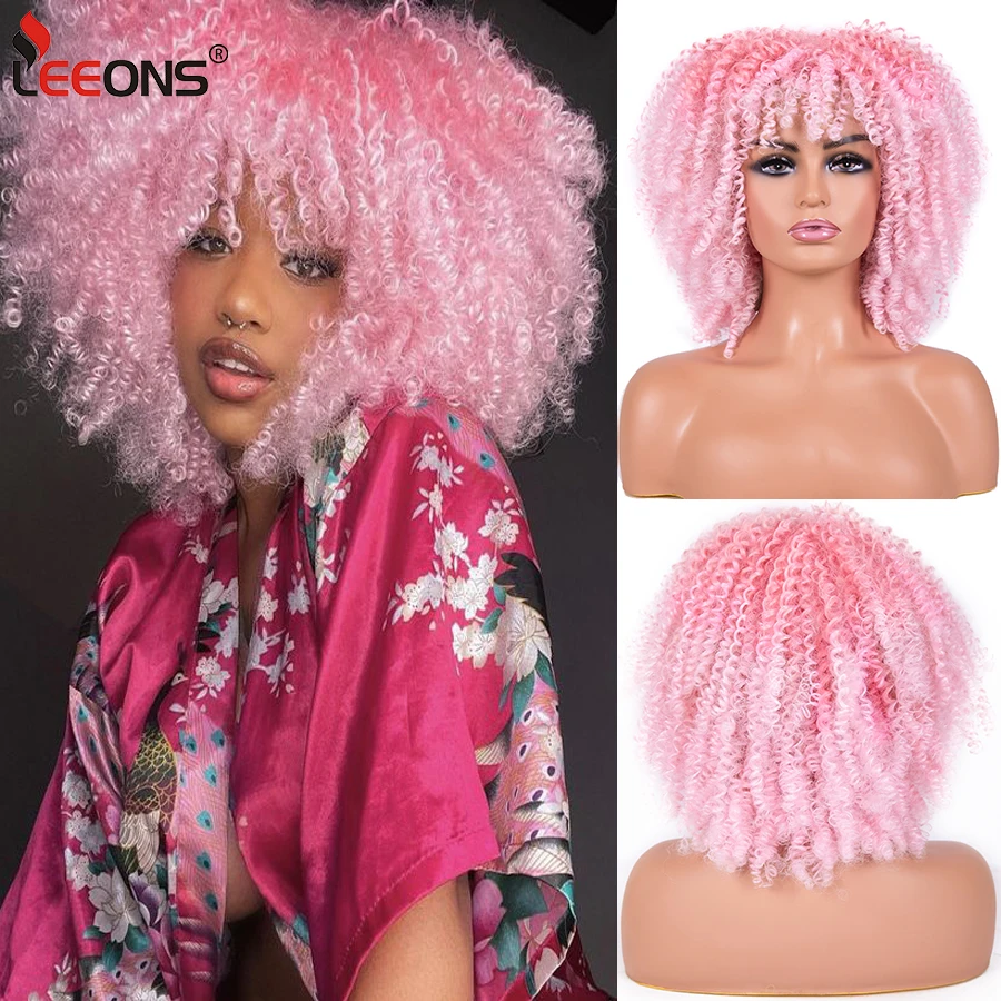 Top Trends: Short Kinky Curly Wigs Pink Blonde Color Curly Afro Wig Short 14 Inch Curly Bob Wig Synthetic Heat Resistant Wigs With Bangs Shoppable Styles