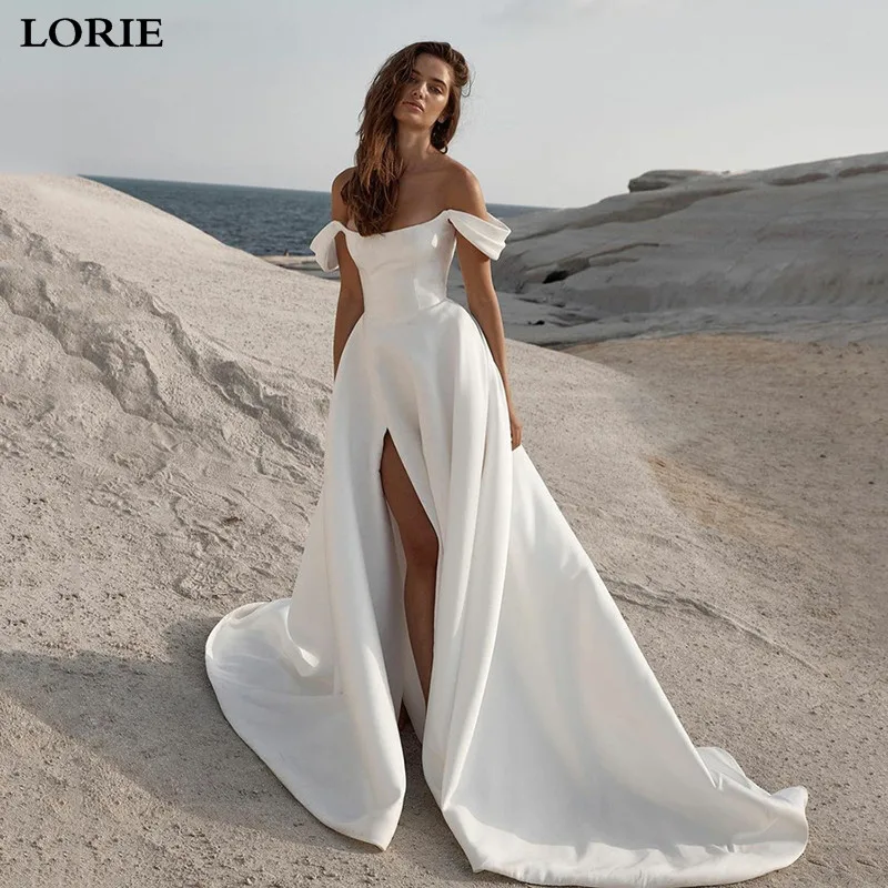 Top Trends: LORIE Soft Satin A Line Wedding Dresses Sleeveless Off The Shoulder Bridal Gowns Long Train Wedding Party Gowns 2023 Shoppable Styles