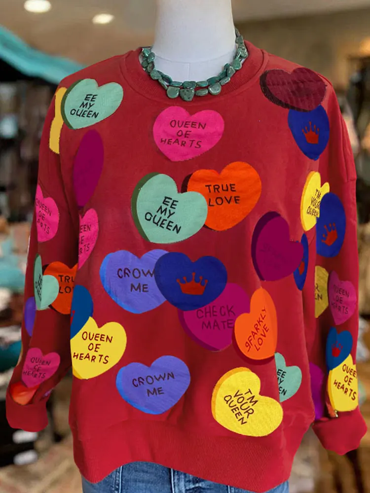 Top Trends: Colorful Heart Print Sweatshirt Queen Of Sparkles Red Conversation Heart Sweatshirt Shoppable Styles