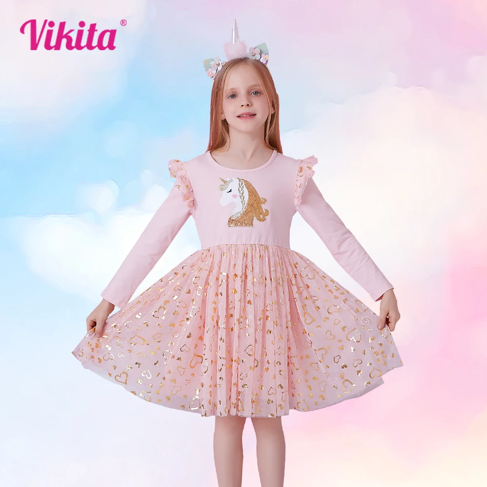 Top Trends: VIKITA Girls Princess Dress Unicorn Sequins Long Sleeve Autumn Dress Kids Birthday Party Wedding Tulle Dresses Children Clothing Shoppable Styles